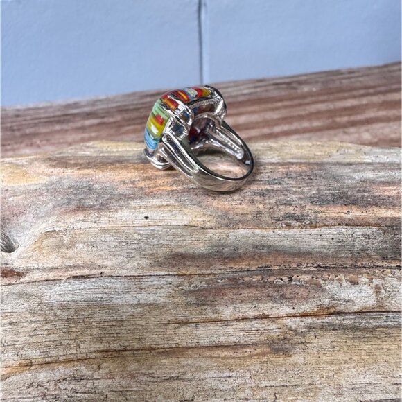 Colorful Millefiori Glass Ring With Silver-Tone Band Size 6 - Picture 3 of 10
